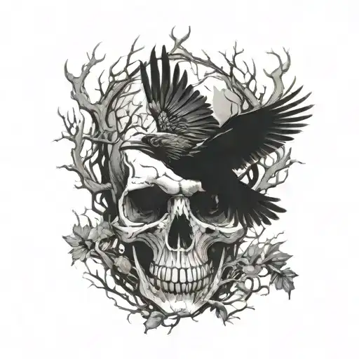 A skull with ravens flying out of its eye sockets, surrounded by a dense forest of twisted trees tattoo design idea