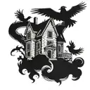 A haunted house with a snake slithering around its base, surrounded by a flock of ravens tattoo design idea