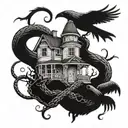 A haunted house with a snake slithering around its base, surrounded by a flock of ravens tattoo design idea