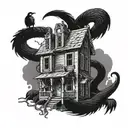 A haunted house with a snake slithering around its base, surrounded by a flock of ravens tattoo design idea