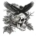 A skull with ravens flying out of its eye sockets, surrounded by a dense forest of twisted trees tattoo design idea