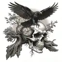 A skull with ravens flying out of its eye sockets, surrounded by a dense forest of twisted trees tattoo design idea