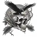 A skull with ravens flying out of its eye sockets, surrounded by a dense forest of twisted trees tattoo design idea