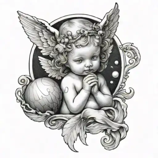A baby angel with two horns above her head ,holding a diamond a shell which has a pearl in it  tattoo design idea