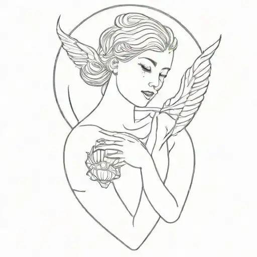 an angel with two horns above her head ,holding a diamond a shell which has a pearl in it  tattoo design idea