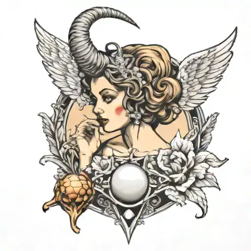 an angel with two horns above her head ,holding a diamond a shell which has a pearl in it  tattoo design idea
