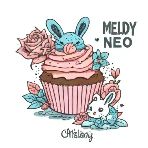 glitter effect cupcake with blue butter cream in a pink casing with bunnies and the name melody tattoo design idea