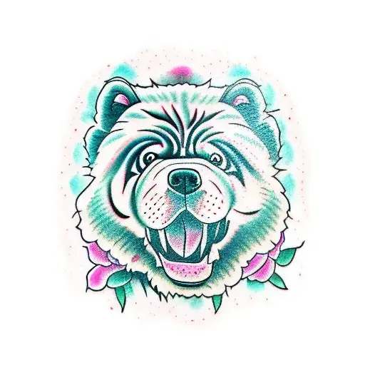 growling chow chow, peonies tattoo design idea