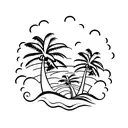 A beach with waves and palm trees, with sunset, in a minimal fine line style tattoo design idea