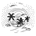 A beach with waves and palm trees, with sunset, in a minimal fine line style tattoo design idea
