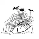 A beach with waves and palm trees, with sunset, in a minimal fine line style tattoo design idea