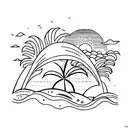 A beach with waves and palm trees, with sunset, in a minimal fine line style tattoo design idea