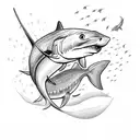 goldfish with a shark fin strapped to it tattoo design idea