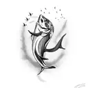 goldfish with a shark fin strapped to it tattoo design idea