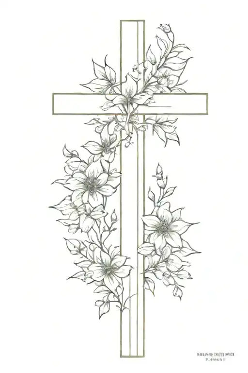 cross with gardina flowers going up the cross, MAKE the flowers extend above and below the cross  tattoo design idea