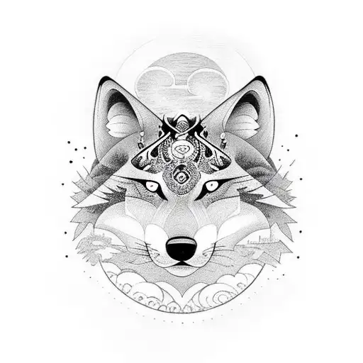 forest with a black and white wolf and a moon tattoo design idea