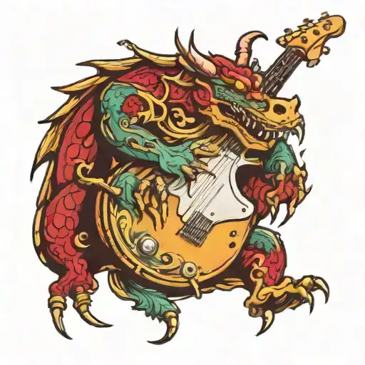 electric bass guitar with dragon and bull sodiac on the side of the neck tattoo design idea