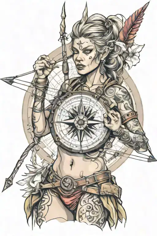 compass female warrior bow arrow piercing tattoo design idea
