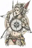 compass female warrior bow arrow piercing tattoo design idea