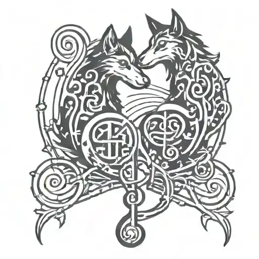 A music note staff made of intertwined wolf and crow silhouettes tattoo design idea