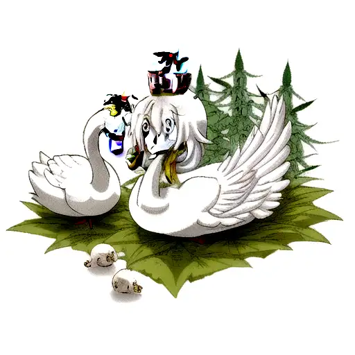 stoned swan with crown on head and weed marihuana in background  tattoo design idea