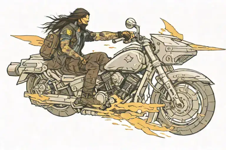 johnny silverhand from game cyberpunk 2077 riding a flying bomb, he must have his silver hand in which he holds guitar  tattoo design idea