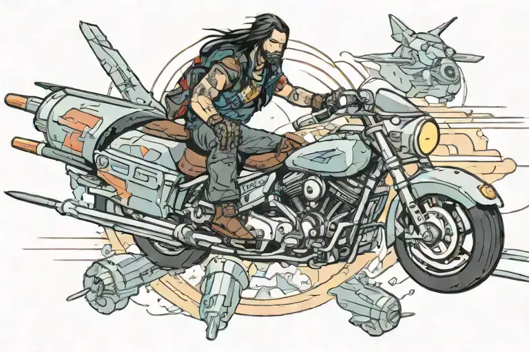 johnny silverhand from game cyberpunk 2077 riding a flying bomb tattoo design idea