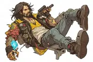 johnny silverhand from game cyberpunk 2077 sitting on a flying bomb tattoo design idea