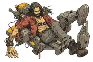 johnny silverhand from game cyberpunk 2077 sitting on a flying bomb tattoo design idea