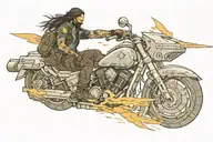 johnny silverhand from game cyberpunk 2077 riding a flying bomb, he must have his silver hand in which he holds guitar  tattoo design idea
