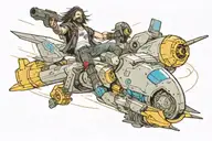 johnny silverhand from game cyberpunk 2077 riding a flying bomb, he must have his silver hand in which he holds guitar  tattoo design idea