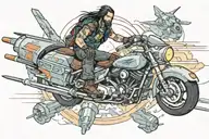 johnny silverhand from game cyberpunk 2077 riding a flying bomb tattoo design idea