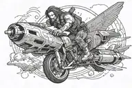johnny silverhand from game cyberpunk 2077 riding a flying bomb tattoo design idea