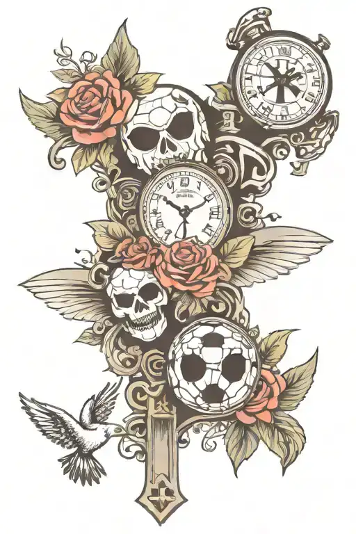theater masks, clock, soccer ball, flower and cross tattoo design idea