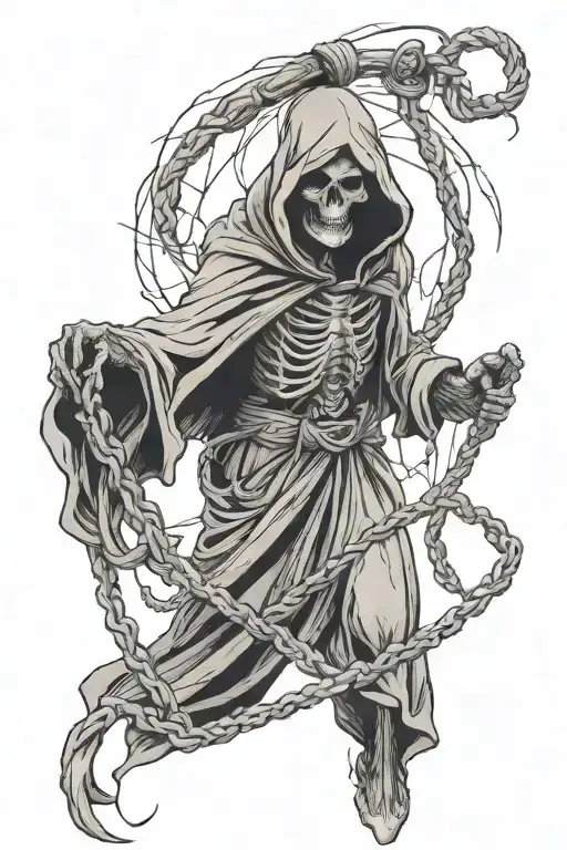 grim reaper pulling a noose wrapped around wrist tattoo design idea