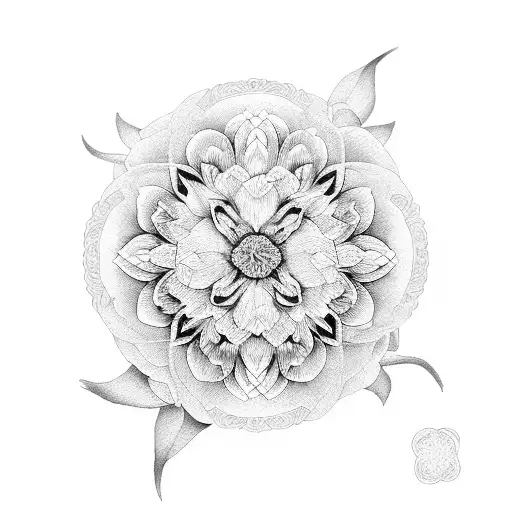 Peony and ornamental mandalas, lines black and white  tattoo design idea