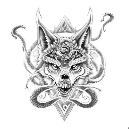 /imagine Create a black and grey arm sleeve tattoo with skulls, dragons, snakes, and a wolf tattoo design idea