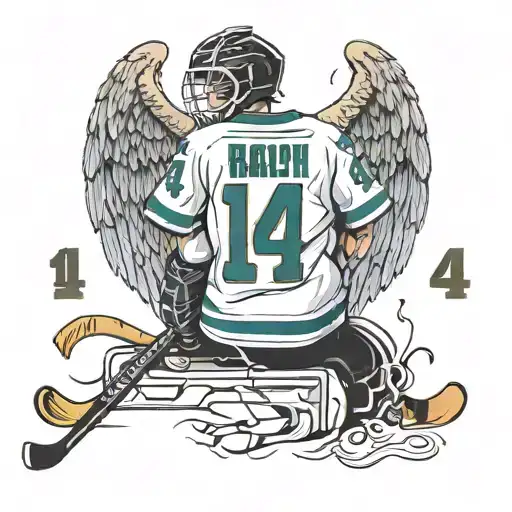 Hockey jersey with number "14" on the back and "Ralph" in the name bar. Angel wings surrounding the jersey. tattoo design idea