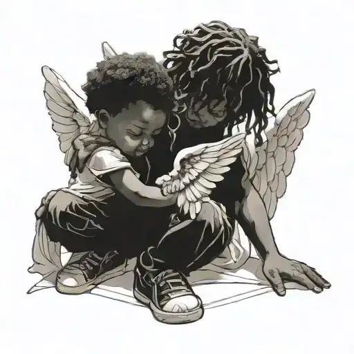 black child kneeling while being protected by angels tattoo design idea