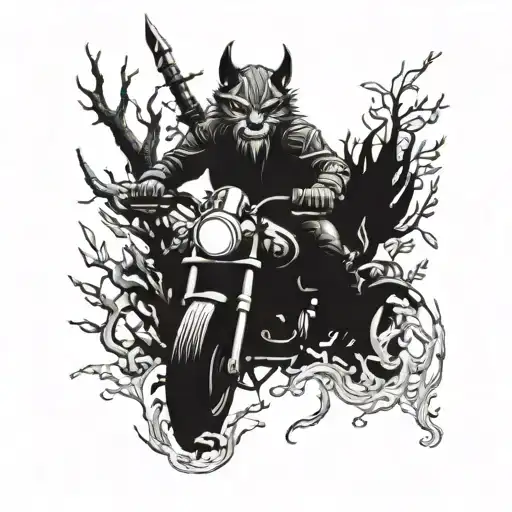 A fierce warrior riding a motorcycle through a forest filled with angry animals tattoo design idea