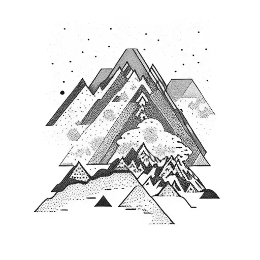 realistic mountain with starry sky morphing into a river valley landscape, ending a fade into rock layers beneath  tattoo design idea
