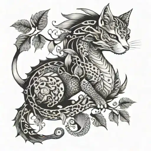 cat dragon with leafs and birds tattoo design idea