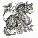cat dragon with leafs and birds tattoo design idea