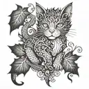 cat dragon with leafs and birds tattoo design idea