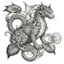 cat dragon with leafs and birds tattoo design idea