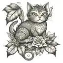 cat dragon with leafs and birds tattoo design idea