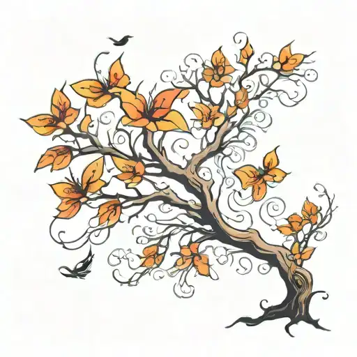 twin flame tree, from where it flies 14 birds  tattoo design idea