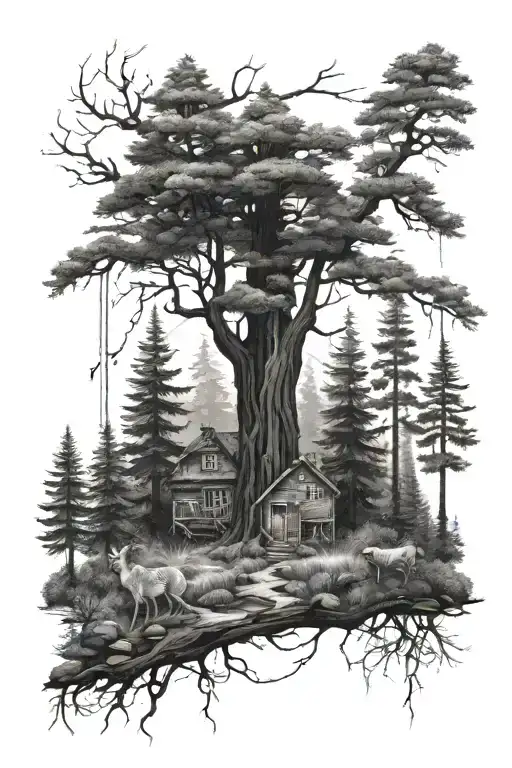 Create me a tattoo with a forest, solitude and family tattoo design idea