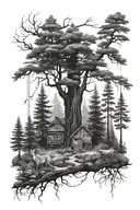 Create me a tattoo with a forest, solitude and family tattoo design idea