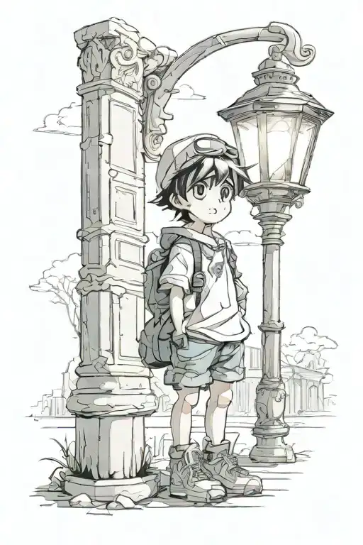 a little boy stands near a lamppost that shines with magical light tattoo design idea